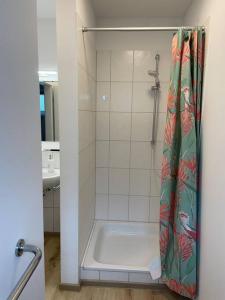 a shower with a shower curtain in a bathroom at Loft - Luxus Apartment zum Wohlfühlen im Allgäu in Marktoberdorf