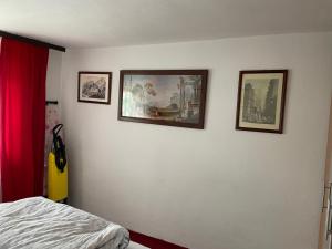 een slaapkamer met drie foto's aan de muur bij Apartman Delfin in Grahovište