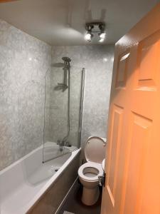 een badkamer met een toilet en een glazen douche bij Beautiful and spacious 4- bedroom house in Sunderland in Pallion