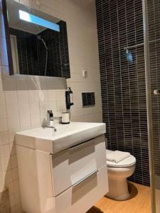a bathroom with a white sink and a toilet at Cosy and Renewed T2 Apartament in Campolide - 67 1D in Lisbon