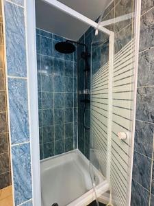um chuveiro com uma porta de vidro na casa de banho em Modern & Comfortable City Center Oasis~King Bed ! em Bruxelas