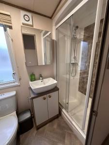 a bathroom with a toilet and a sink and a shower at Tattershall Lakes 6 berth with bath in Tattershall