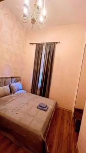 1 dormitorio con cama y lámpara de araña en Central apartment in Baku, en Baku