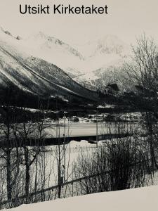 een zwart-witte foto van een besneeuwde berg bij Villa Haudalan Åndalsnes in Åndalsnes