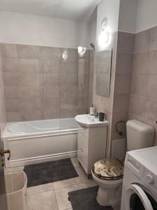 een badkamer met een bad, een toilet en een wastafel bij Dream Studio in Sînpetru