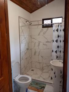 een badkamer met een douche, een toilet en een wastafel bij Aura Bungalow in Tamarindo