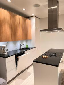 a kitchen with a black counter top and wooden cabinets at Central Helsinki Punavuori 40m2 entire flat in Helsinki