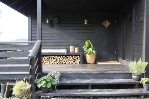uma casa preta com vasos de plantas nas escadas em Magical Seaview and close to Preikestolen em Strand