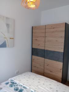 - une chambre avec un lit et une armoire en bois dans l'établissement Tera apartment Zemun, à Belgrade