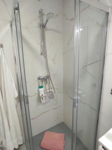 ネルハにあるResidencial los Pinos 3のバスルーム(ガラスドア付きのシャワー付)