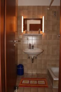 ein Bad mit einem Waschbecken und einem Spiegel in der Unterkunft "Alte Sparkasse" Nr2 in Landkirchen