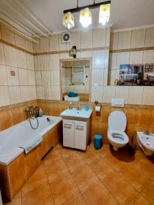 La salle de bains est pourvue d'une baignoire, de toilettes et d'un lavabo. dans l'établissement Apartament Śródmieście, à Łańcut