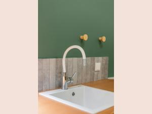 a white sink in a kitchen with green walls at Mystique Loft Ioannina in Ioannina