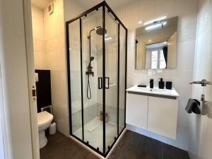 een badkamer met een douche, een wastafel en een toilet bij NEW Studio, 2mn walk to Monaco in Beausoleil