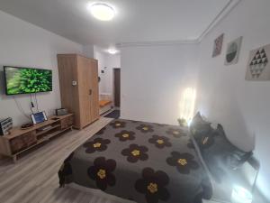 布加勒斯特Siriului Studio的一间卧室配有一张带鲜花的黑色床