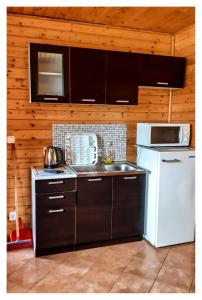 a kitchen with a white refrigerator and a microwave at Dom Gościnny Agata in Mielenko