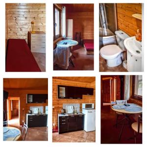 a collage of four pictures of a kitchen and bathroom at Dom Gościnny Agata in Mielenko