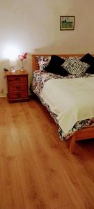 um quarto com uma cama e piso em madeira em Aaron's Holiday Home em Belfast
