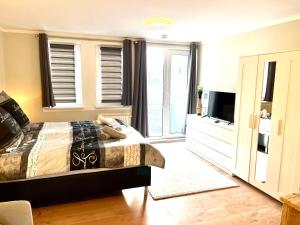 a bedroom with a bed and a tv and windows at Studio an der Elbe mit Balkon, Küche und Netflix in Dresden
