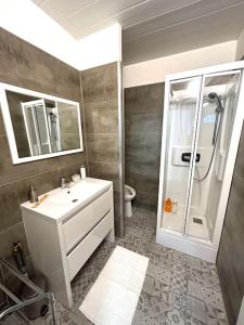 y baño con lavabo blanco y ducha. en T2 Frizac - Jardin des plantes - Metro - Wifi en Toulouse