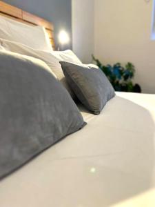 Una cama blanca con dos almohadas grises. en T2 Frizac - Jardin des plantes - Metro - Wifi en Toulouse