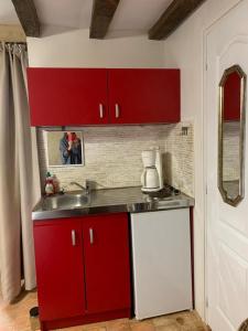 a kitchen with red cabinets and a sink at Capucine in Noyen-sur-Sarthe
