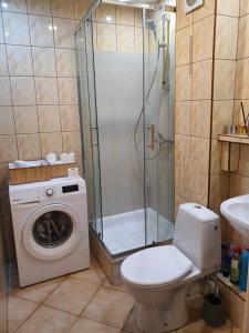 a bathroom with a shower and a toilet and a washing machine at Biała Centrum in Biała Podlaska +19 photos
