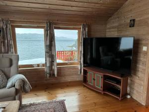 un soggiorno con TV a schermo piatto e 2 finestre di Flott hytte med panoramautsikt og privat strand a Stavang