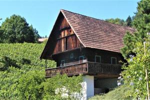 a large wooden house with a balcony on a hill at Genuss Appartement am Familien Weingut in Krottendorf bei Ligist