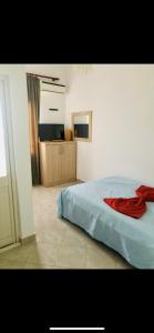 Un dormitorio con una cama con una manta roja. en Berat2024, en Berat