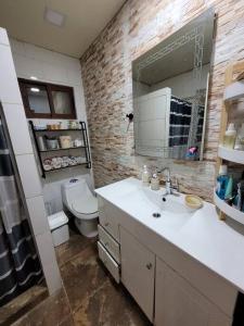 a bathroom with a sink and a toilet and a mirror at Casa en el centro de Pirque in Pirque