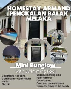 a flyer for a house with a swimming pool at Rumah Armand 3 Bedroom with Swimming Pool Pengkalan Balak Tg Bidara Masjid Tanah Melaka in Masjid Tanah