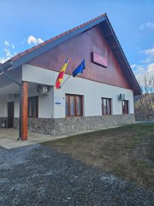 een gebouw met twee vlaggen ervoor bij Casa Dragoste in Someşu Cald