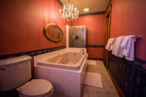 a bathroom with a tub and a toilet and a mirror at Squiers 1882 in Maquoketa +44 photos