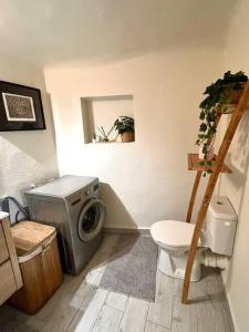 La salle de bains est pourvue d'un lave-linge et de toilettes. dans l'établissement Charmant appart 35m² dans villa, à Saint-Laurent-du-Var