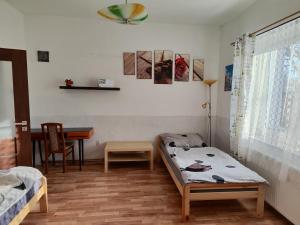 a room with two beds and a table in it at Apartmány u koní 