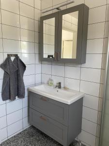 La salle de bains est pourvue d'un lavabo et d'un miroir. dans l'établissement Villa VitvikenA in Gotland Pool, à Slite