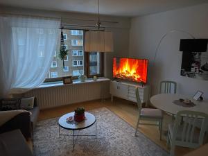 a living room with a fire in the fireplace at City apartment Pikkuvuori in Turku