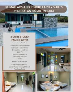 a collage of photos of a building with a pool at Rumah Armand Studio Family Suite with Swimming Pool Pengkalan Balak Tg Bidara Masjid Tanah Melaka 