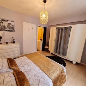 a bedroom with a large bed and a chandelier at Bel appartement « Les Monts du Cantal » in Murat