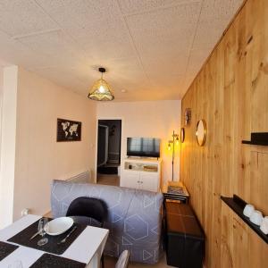 a living room with a couch and a television at Bel appartement « Les Monts du Cantal » in Murat