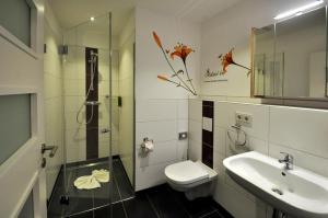 a bathroom with a toilet and a sink and a shower at Dampfschiffhotel in Stadt Wehlen