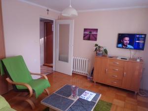 un salon avec une chaise verte et une télévision dans l'établissement Chess Apartament, à Augustów