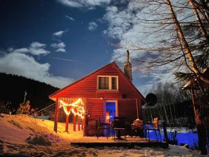 a small red cabin with christmas lights on it at Chata Ignasia pod Śnieżnikiem 1 na działce in Stronie Śląskie