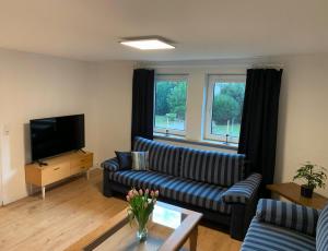 a living room with a couch and a tv at Gemütliche Ferienwohnung Leinde in Wolfenbüttel