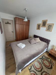 1 dormitorio con 1 cama grande y armario de madera en Apartman Todor en Veliko Gradište