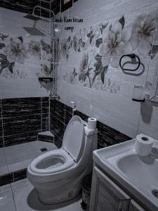 La salle de bains est pourvue de toilettes et d'un lavabo avec des fleurs sur le mur. dans l'établissement wadi Rum bissan camp, à Disah