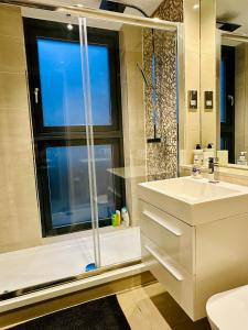 baño con lavabo y ducha con ventana en London Regent Studio Apartments, en Londres