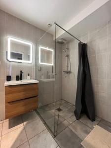 a bathroom with a glass shower and a sink at Maison normande silex proche de la mer in Sotteville-sur-Mer