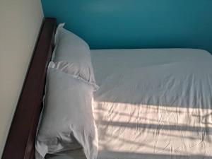 a bed with a white pillow and a blue wall at Residence Mar-Pauli in Yaoundé